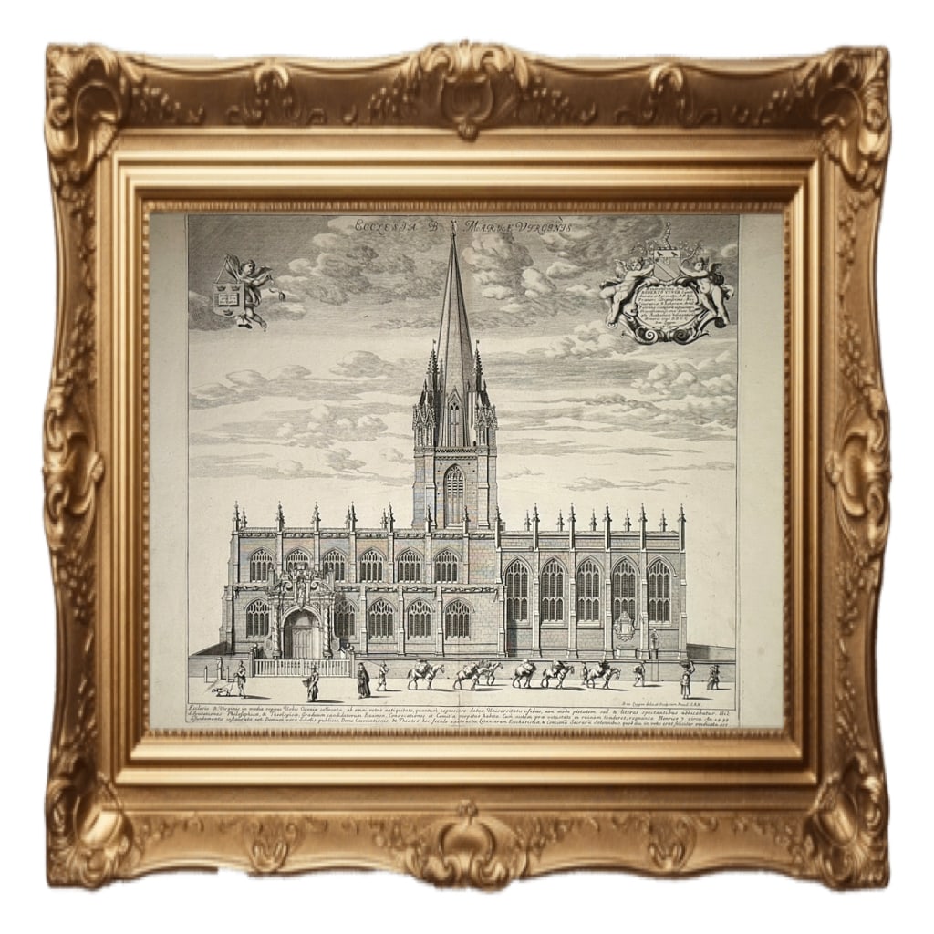 University Church of St Mary the Virgin in Oxford - David Loggan - 1675: This antique copperplate engraving depicts the University Church of St Mary the Virgin in Oxford.Artist and Date: It was created by David Loggan and published in 1675 as part of his work Oxonia Illust