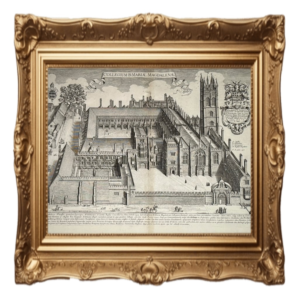 Magdalen College, Oxford - David Loggan - 1675: This print is an 17th-century bird's-eye view engraving of Magdalen College, Oxford by artist David Loggan. Original Publication: The image is from Loggan's Oxonia Illustrata, a major illustrated book
