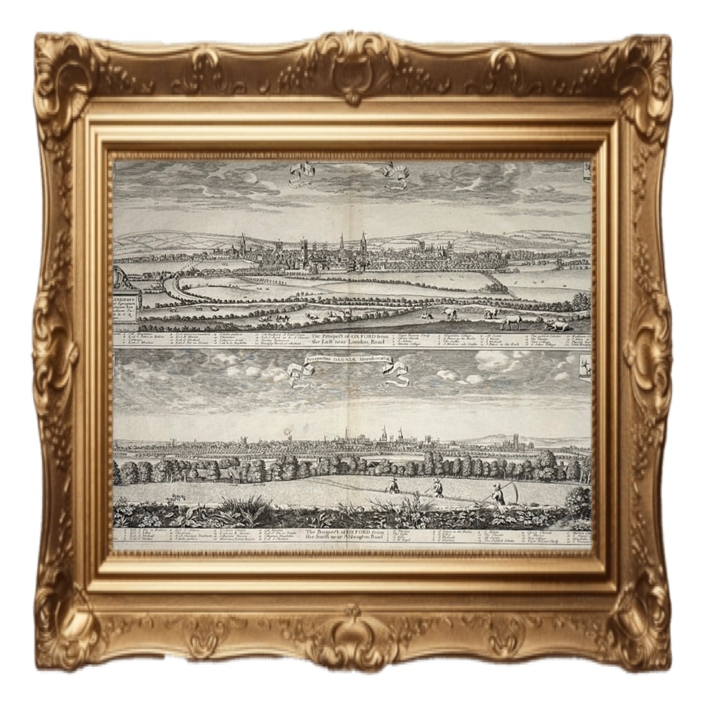 Prospectus Oxoniae Orientalis & Prospectus Oxoniae Meridiona - David Loggan - 1675: This item is an antique engraving by David Loggan depicting panoramic views of Oxford from the east and south.Artist: David Loggan (1634–1692), a public sculptor and engraver for the University of O