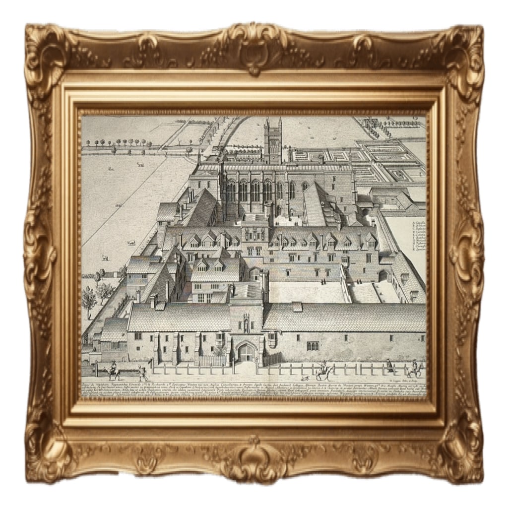 Winchester College - David Loggan - 1675: This image is a detailed 17th-century bird's-eye view engraving of Winchester College, titled Collegium B. Mariae Winton Prope Winton. Artist and Origin: The engraving was produced by David Loggan in 