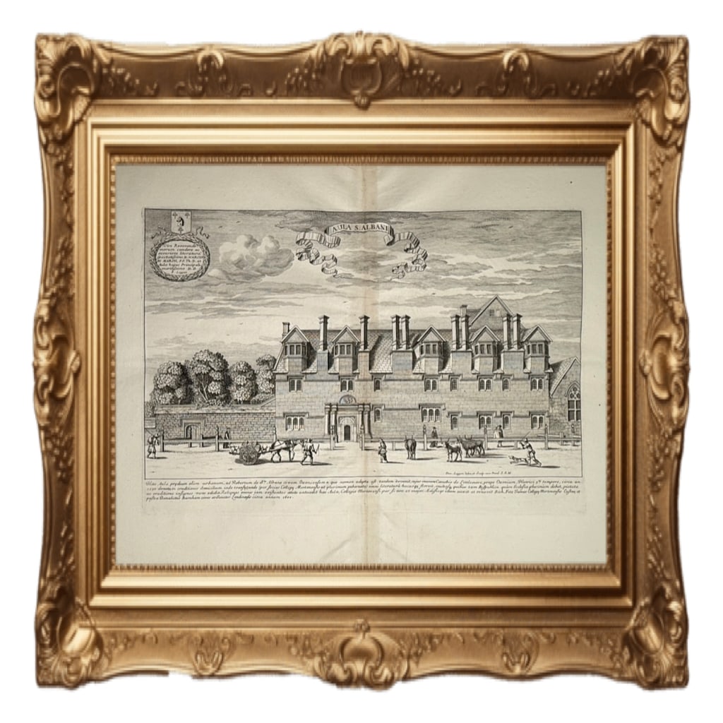 Aula S. Albani - St Alban Hall - Oxford - David Loggan - 1675: This is an antique engraving titled "Aula S. Albani" (St Alban Hall) from the 1675 publication Oxonia Illustrata by David Loggan. Artist and Era: David Loggan (1634–1692), a British engraver, create