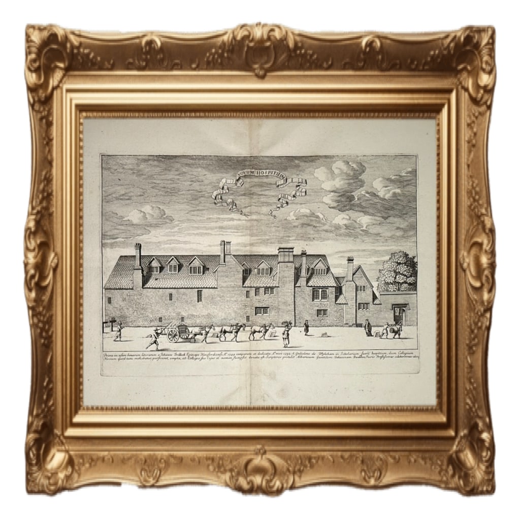 St Peter's College, Oxford - New Inn Hall - David Loggan - 1675: This is an original copperplate engraving of St Peter's College, Oxford from David Loggan's "Oxonia Illustrata", published in 1675.The print is titled "Aula Novi Hospitii", which translates to New Inn