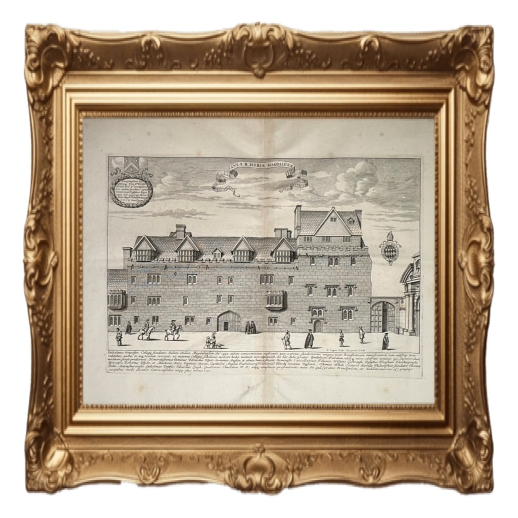 Magdalen Hall, Oxford - David Loggan - 1675: This is a rare 17th-century copper engraving of Magdalen Hall, Oxford, by David Loggan. Artist & Title: The print is titled "Aula B. Mariae Magdalenae" and was engraved by David Loggan for his landmar