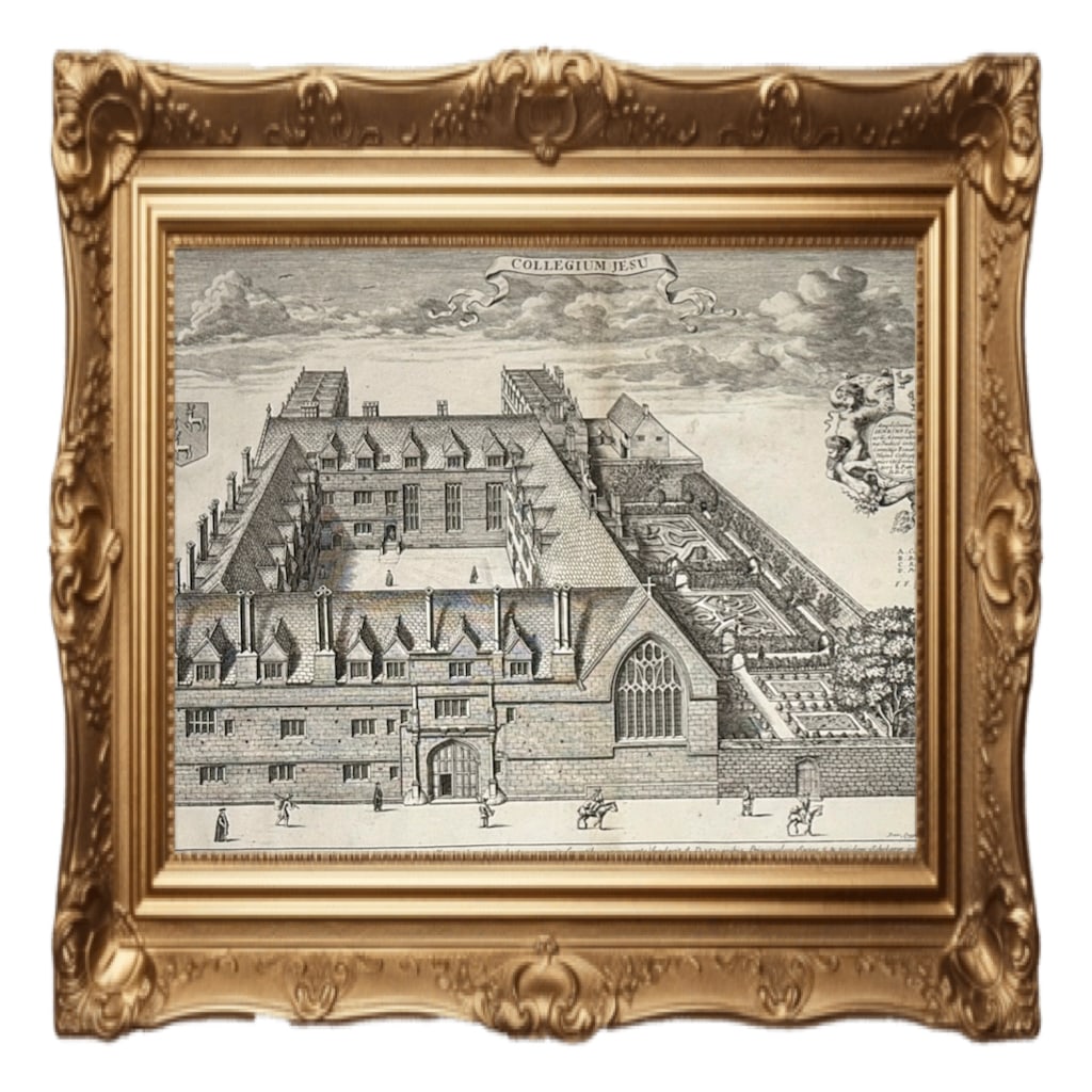 COLLEGIUM JESU - Jesus College, Oxford - David Loggan - 1675: The image shows a prominent 17th-century copper engraving titled "COLLEGIUM JESU", which depicts Jesus College, Oxford. Historical Context. Artist: The engraving was created by David Loggan (1634–16