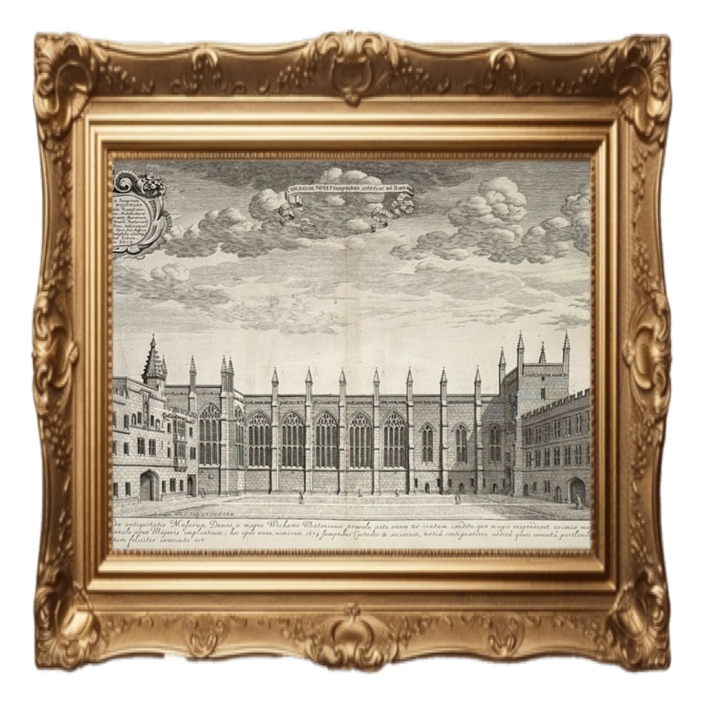 Collegii Novi Prospectus, Oxford - David Loggan - 1675: This is an original copper engraving titled Collegii Novi Prospectus interior ad Borem (Inner View of New College from the North), created by David Loggan for his book Oxonia Illustrata, published in 