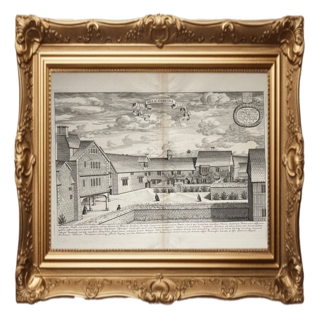 Aula Cervina - Hart Hall - Oxford - David Loggan - 1675: This is a 17th-century engraving by David Loggan titled "Aula Cervina," depicting Hart Hall, which is now Hertford College at the University of Oxford. Artist and Era: The engraving was created by Dav