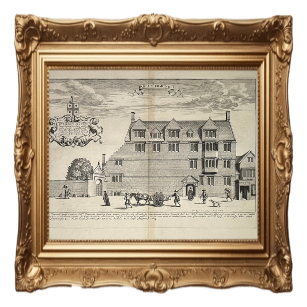 St Edmund Hall, Oxford - Teddy Hall - David Loggan - 1675: This image is an original copper-plate engraving of St Edmund Hall, Oxford, created by the artist and engraver David Loggan for his landmark work, Oxonia Illustrata, published in 1675. Key Details abo