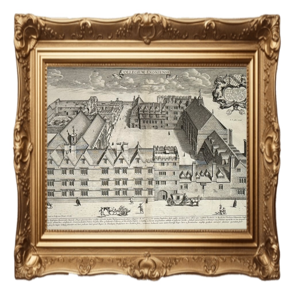 Exeter College, Oxford - David Loggan - 1675: This is a 1675 copper engraving titled Collegium Exoniense, depicting a bird's-eye view of Exeter College, Oxford. The artwork was created by David Loggan, a celebrated engraver and artist appointed a