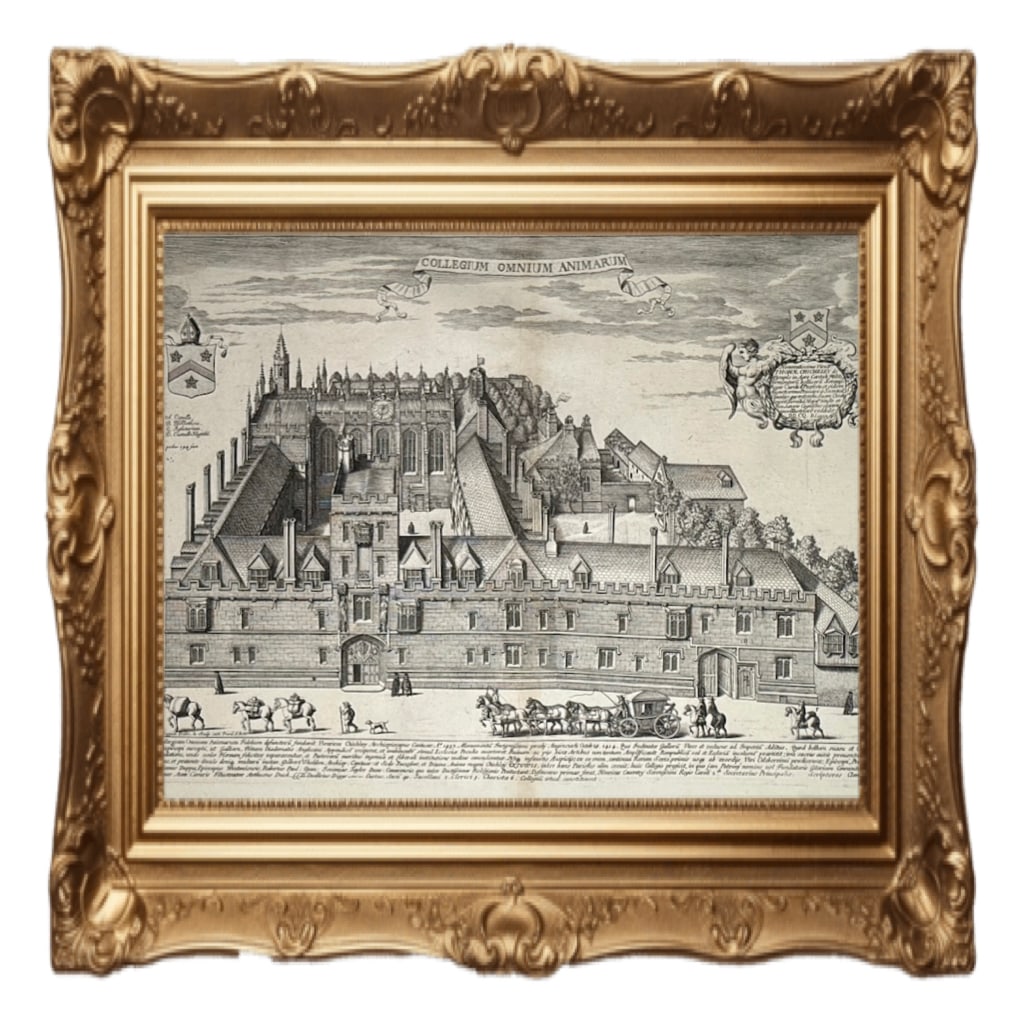 All Souls College, Oxford - David Loggan - 1675: This is a copper engraving print of All Souls College, Oxford, titled "Collegium Omnium Animarum," from David Loggan's Oxonia Illustrata published in 1675. Artist: David Loggan (1634–1692), a Britis