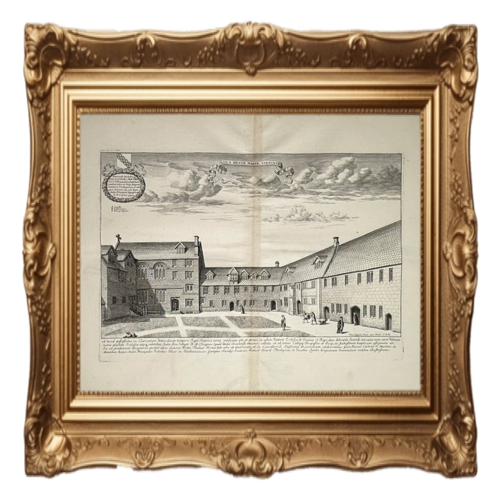 Courtyard of St Mary's Hall, Oxford - David Loggan - 1675: This is a genuine Victorian print of David Loggan's 1675 engraving showing the courtyard of St Mary's Hall, Oxford. Subject: The image depicts "Aula Beatae Mariae Virginis," which was a medieval acade