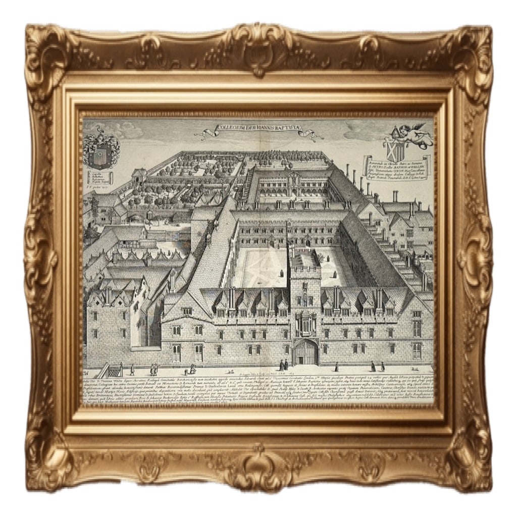 St John's College, Oxford - David Loggan - 1675: This engraving is a "bird's-eye view" of St John's College, Oxford, created by David Loggan and published in 1675. Artist and Publication: The artwork is from Loggan's famous book Oxonia Illustrata, w