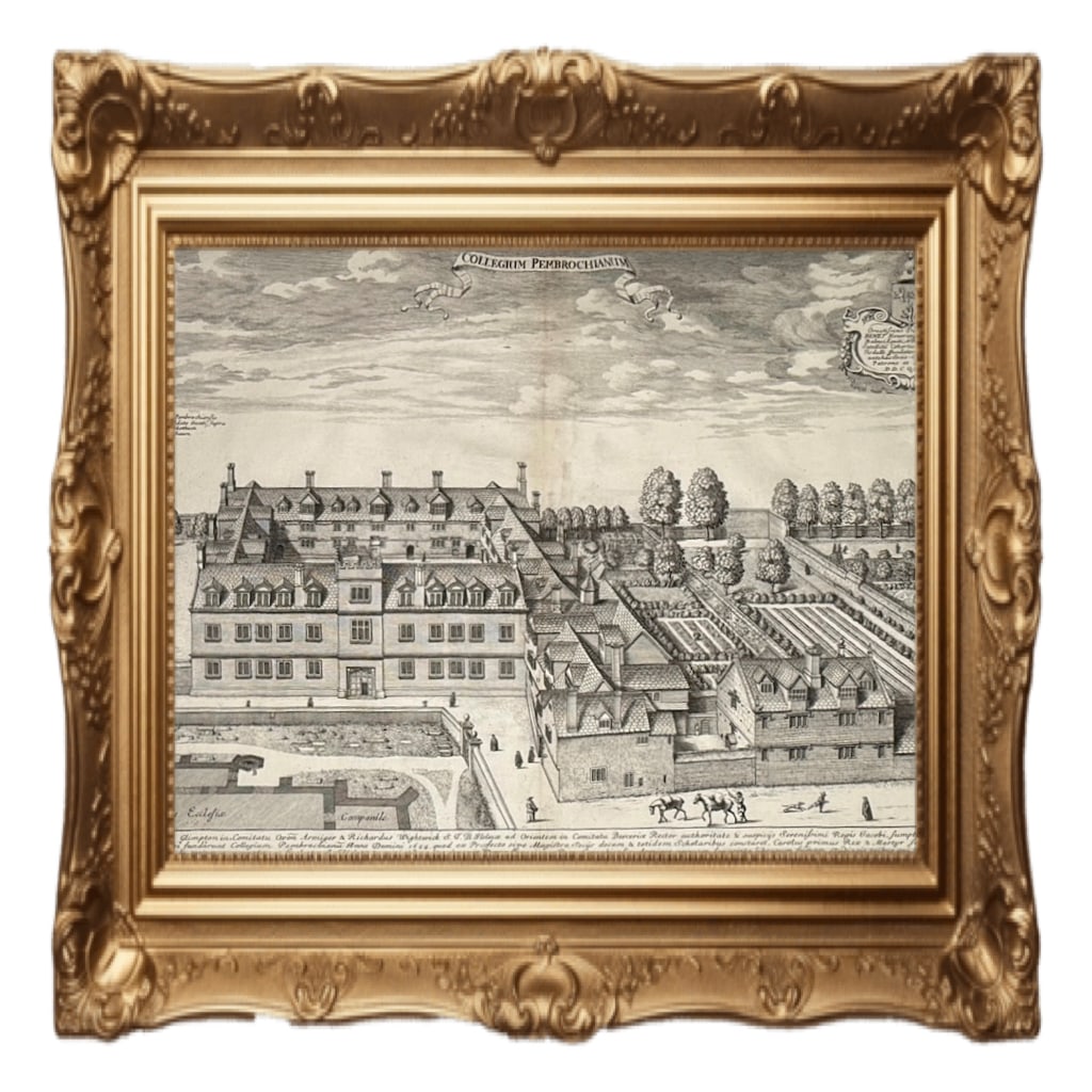 Pembroke College, Oxford - David Loggan - 1675: This is a 17th-century bird's-eye view engraving of Pembroke College, Oxford. The image is part of David Loggan's "Oxonia Illustrata", published in 1675.It depicts the college's buildings, gardens, an