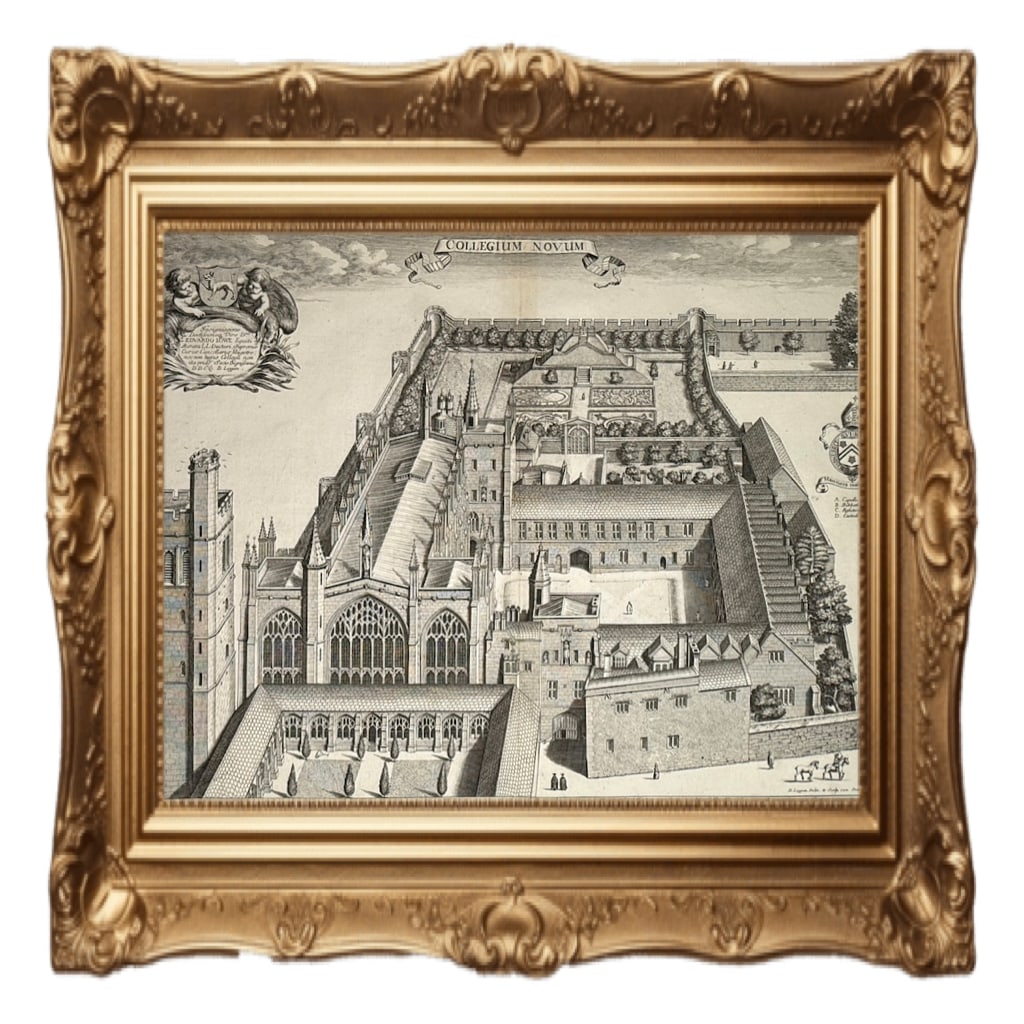 Collegium Novum - New College, Oxford - David Loggan - 1675: This item is a 17th-century copperplate engraving titled "Collegium Novum" (New College, Oxford) by David Loggan. Artist and Era: David Loggan (1634–1692) was a prominent artist commissioned to crea