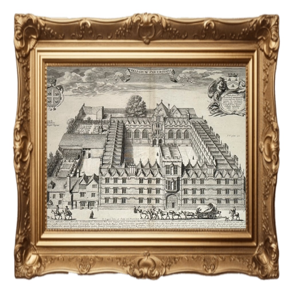 Collegium Universitatis, Oxford - David Loggan - 1675: This is a 1675 copper engraving by David Loggan depicting the "bird's-eye" view of University College, Oxford. Artist & Work: The print is titled Collegium Universitatis and was part of Loggan's celeb