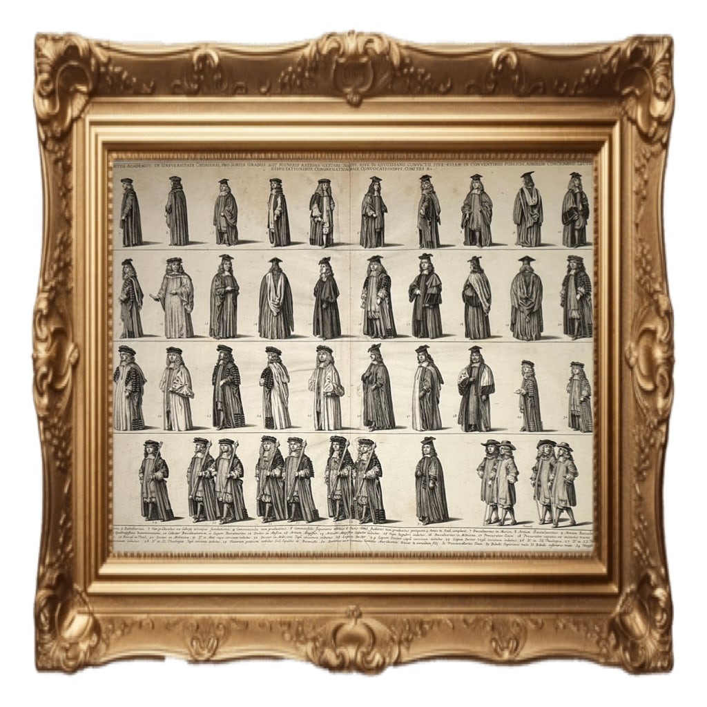 Habitus Academici in Universitate Oxoniensi - Oxford - David Loggan - 1675: This engraving is titled "Habitus Academici in Universitate Oxoniensi" and was created by David Loggan in 1675. It serves as a visual guide to the various types of academic dress worn at the