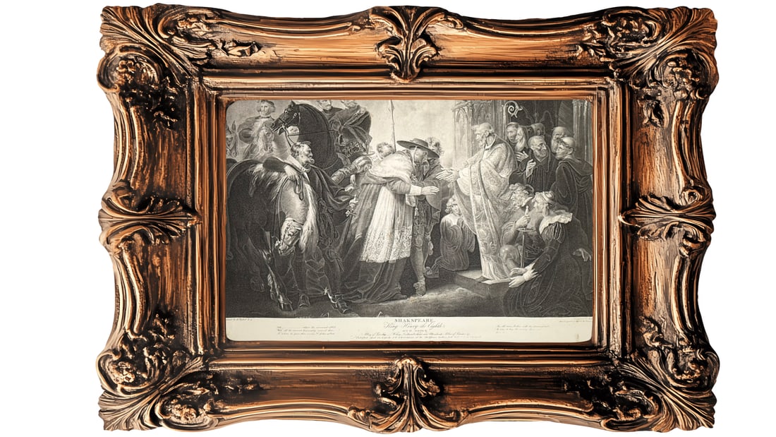 Original copper engraving - 1798 - King Henry the Eighth, Act IV, Scene II - Shakespeare: This is an original copper engraving from 1798 titled King Henry the Eighth, Act IV, Scene II.Scene Description: It illustrates a scene from Shakespeare's play depicting Cardinal Wolsey's arrival at t