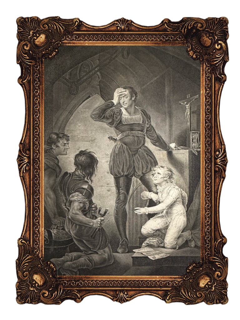 Original copper engraving - 1798 - King John, Act IV, Scene I - Shakespeare: Antique engraving titled "King John, Act IV, Scene I," part of the "Boydell Shakespeare Gallery" collection. Artist & Engraver: The print is based on a painting by James Northcote and was engraved by 