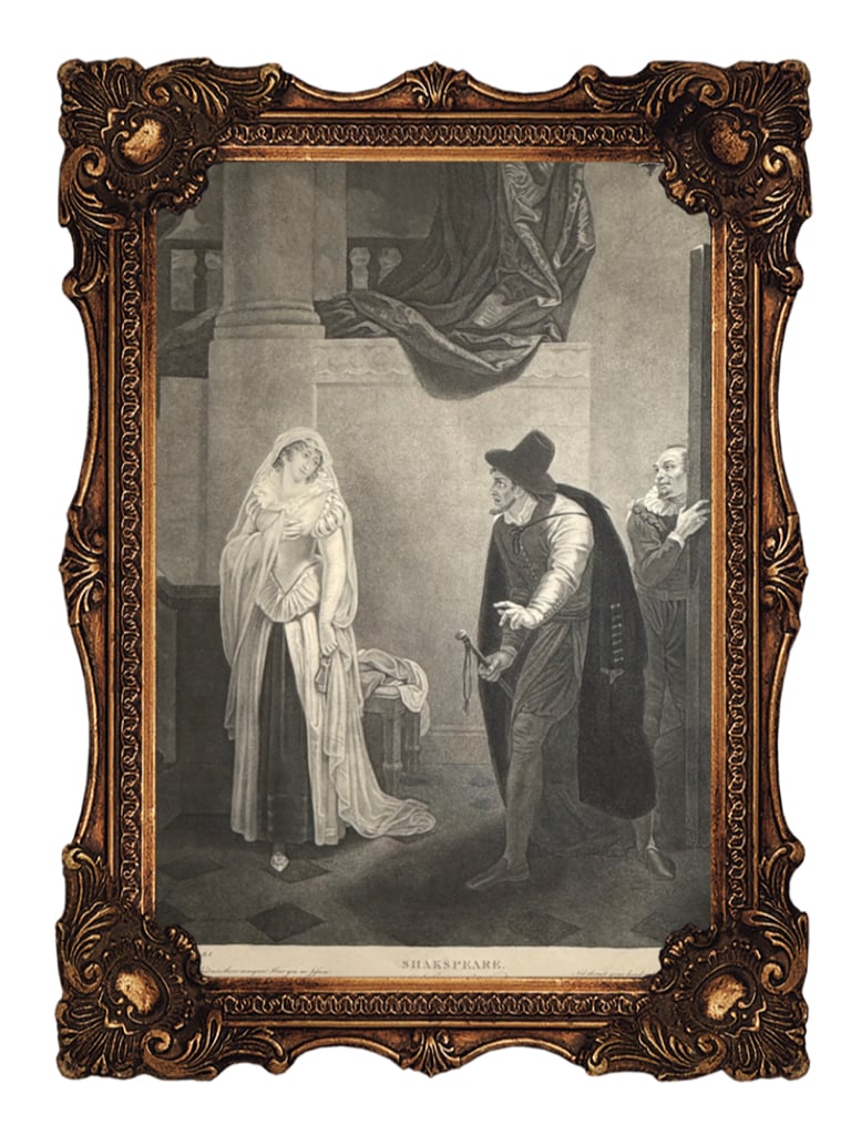 Original Copper Engraving - 1795 - Act II, Scene V - Shakespeare - The Merchant of Venice: This print is a 19th-century illustration depicting a scene from The Merchant of Venice by William Shakespeare. Scene: The artwork captures Act II, Scene V, showing Shylock, his daughter Jessica, and 