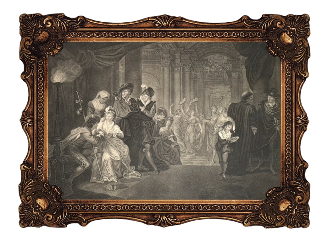 Original Copper Engraving - Romeo and Juliet, Act I, Scene V - Shakespeare - 1792: This image is a 1792 engraving titled "Romeo and Juliet, Act I, Scene V,". Artists: It was engraved by Georg Sigmund Facius and Johann Gottlieb Facius after a painting by William Miller. Subject: The 