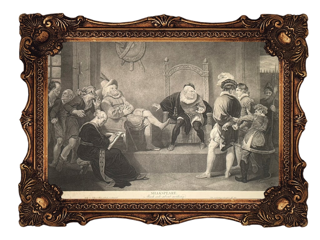 Original Copper Engraving - Act IV, Scene II - Shakespeare - Much Ado About Nothing: This engraving is based on a painting by Robert Smirke (1752–1845), depicting Act IV, Scene II of William Shakespeare's play Much Ado About Nothing. Scene: The image shows a prison scene featuring t