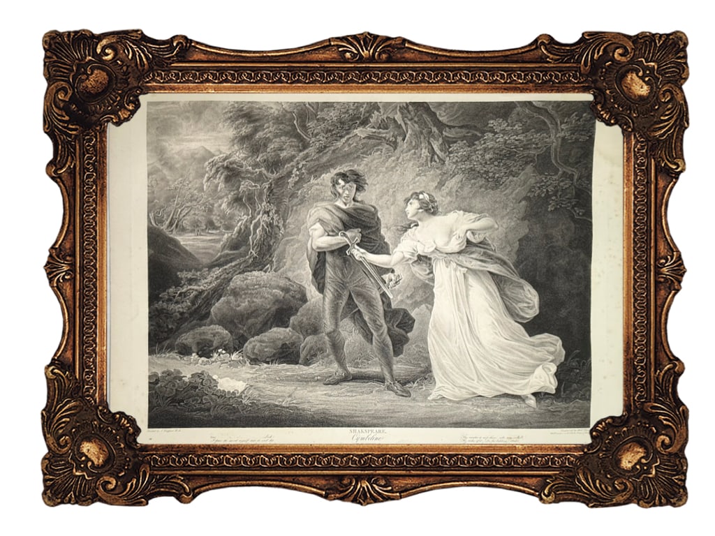 Original Copper Engraving - Pisanio and Imogen - Shakespeare - Cymbeline: This is an original 1801 engraving titled "Pisanio and Imogen", illustrating a scene from William Shakespeare’s play Cymbeline. Artwork Overview: Title: Shakspeare. Cymbeline, Act III, Scene IV: Nea