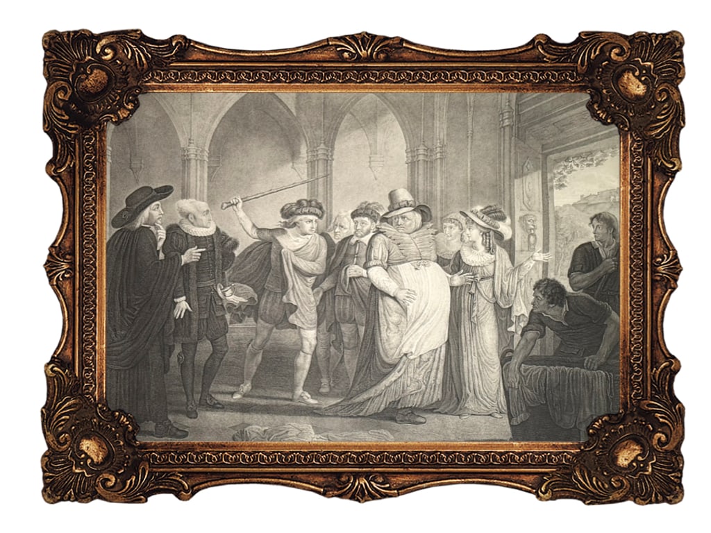 Original Copper Engraving - Merry Wives of Windsor, Act IV, Scene II - Shakespeare: This is an antique engraving titled Merry Wives of Windsor, Act IV, Scene II, painted by James Durno and engraved by Thomas Ryder. Subject Matter: The scene depicts the character Falstaff, disguised