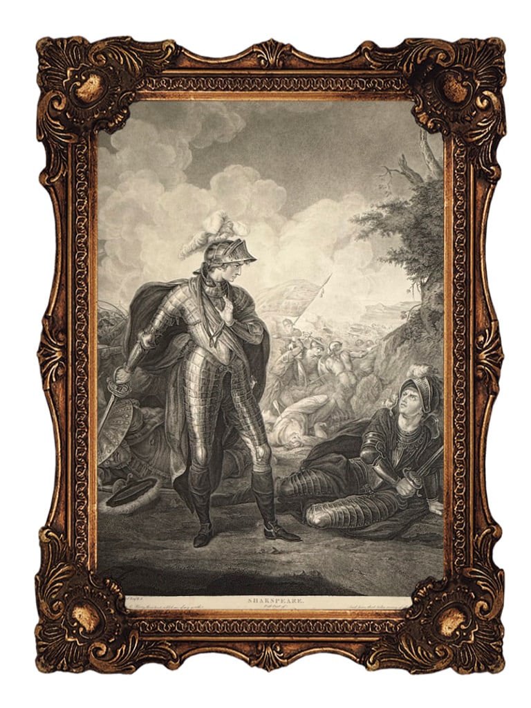 Original Copper Engraving - Shakespeare - Henry IV, Part 1 (Act V, Scene IV): This engraving illustrates a pivotal scene from William Shakespeare’s Henry IV, Part 1 (Act V, Scene IV), depicting the aftermath of the Battle of Shrewsbury. Scene Details - Characters: The