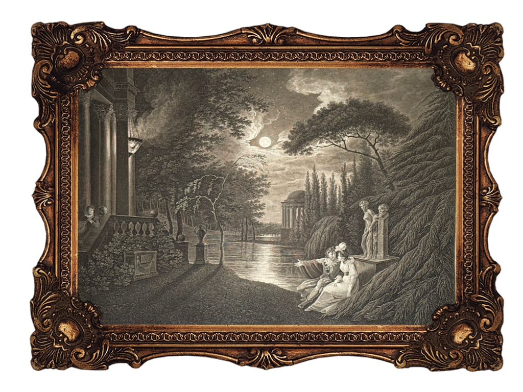 Original Copper Engraving - Act V, Scene I - Shakespeare - The Merchant of Venice: Antique steel engraving depicts Act V, Scene I of William Shakespeare's The Merchant of Venice. Scene: The artwork illustrates a grove and lawn before Portia's house in Belmont, featuring the