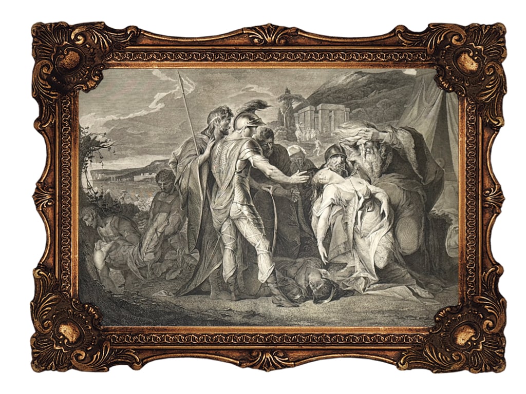 Original Copper Engraving - Act V, Scene III - Shakespeare's King Lear: Original 1792 antique engraving titled "King Lear Weeping Over the Body of Cordelia". Artist and Engraver: The scene was originally painted by James Barry and engraved by Francis Legat. Subject