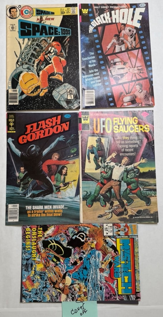 SPACE COLLECTION WITH SPACE: 1990, FLASH GORDON: SPACE COLLECTION WITH SPACE: 1990 #6 (1976 $15), FLASH GORDON #2B (1979 $10), THE BLACK HOLE #1 (1980 $15), UFO FLYING SAUCERS #4B (1974, $8) MYS-TECH WARS