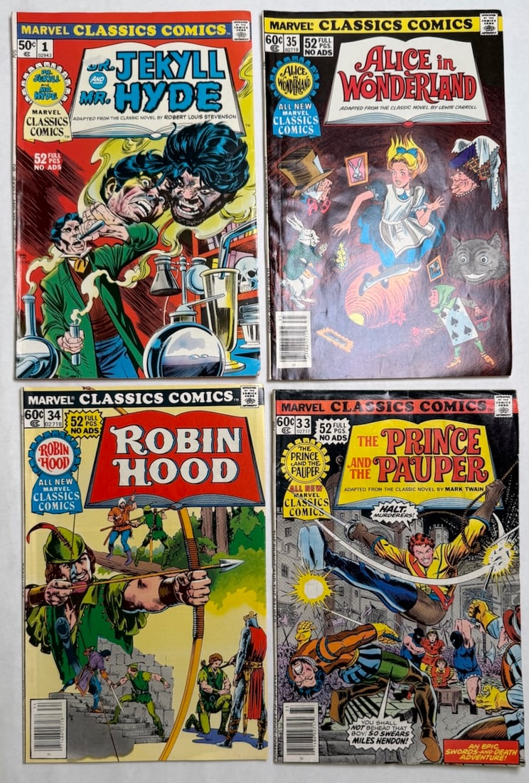 MARVEL CLASSIC COMICS, WITH DR. JEKYLL AND MR. HYDE: MARVEL CLASSIC COMICS, WITH DR. JEKYLL AND MR. HYDE (paper loss on cover $12), ALICE IN WONDERLAND, ROBIN HOOD, THE PRINCE AND THE PAUPER