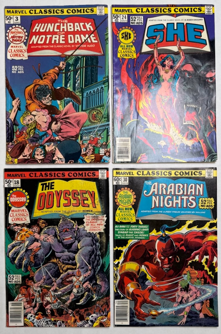 MARVEL CLASSIC COMICS, WITH THE HUNCHBACK OF NOTRE DAME: MARVEL CLASSIC COMICS, WITH THE HUNCHBACK OF NOTRE DAME ($5), THE ODYSSEY, SHE, ARABIAN NIGHTS