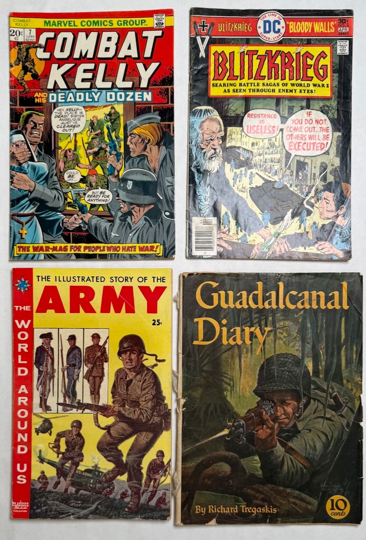 ARMY AND WAR COMICS WITH GUADALCANAL DIARY: ARMY AND WAR COMICS WITH GUADALCANAL DIARY ($10) WITH HANDMADE SPINE, BLITZKRIEG #2 ($10), THE ILLUSTRATED STORY OF THE ARMY ($10), COMBAT KELLY #7 ($10)