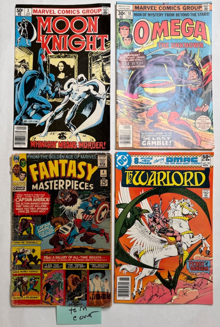 MOON KNIGHT #3, OMEGA THE UNKNOWN, FANTASY MASTERPIECES #4: MOON KNIGHT #3, OMEGA THE UNKNOWN, FANTASY MASTERPIECES #4 WITH TORN COVER, THE WARLORD
