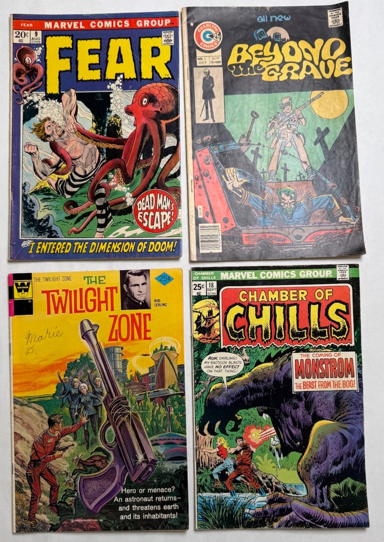 FEAR #9, BEYOND THE GRAVE #2, TWILIGHT ZONE, CHAMBER OF CHILLS: FEAR #9 ($15), BEYOND THE GRAVE #2 ($10), TWILIGHT ZONE writing on cover, CHAMBER OF CHILLS