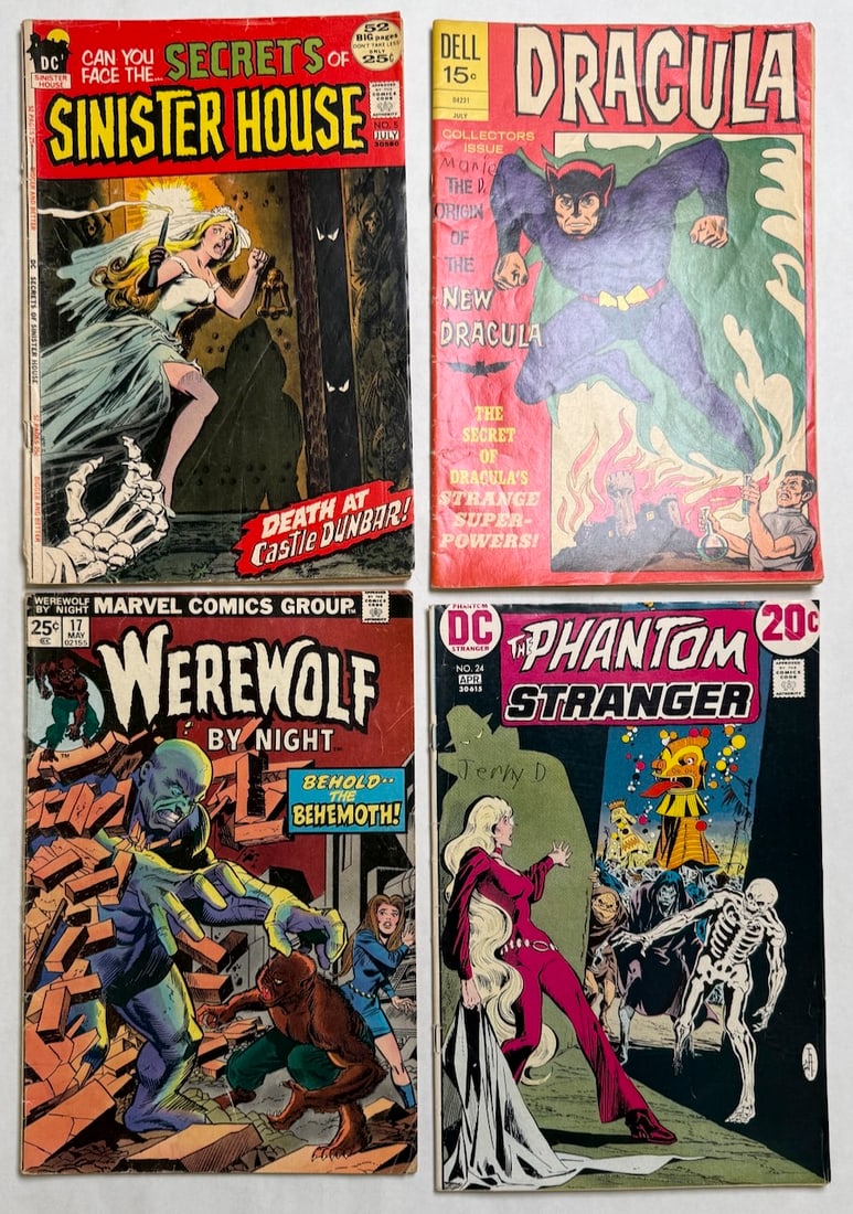 SINISTER HOUSE #5, WEREWOLF BY NIGHT #17: CAN YOU FACE THE SECRETS OF SINISTER HOUSE #5 ($20), WEREWOLF BY NIGHT #17 ($12), DRACULA WITH WRITING ON COVER, PHANTOM STRANGER WITH WRITING ON COVER.