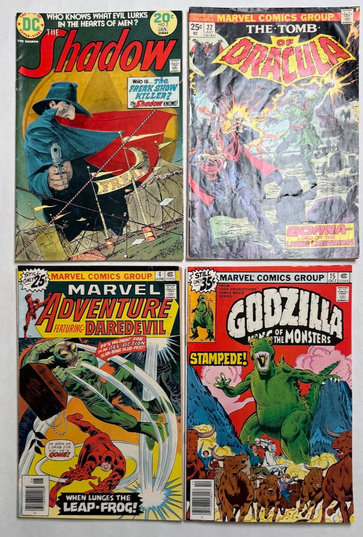 THE SHADOW #2, THE TOMB OF DRACULA #22: THE SHADOW #2 ($10), THE TOMB OF DRACULA #22 ($8), MARVEL ADVENTURE FEATURING DAREDEVIL #4, GODZILLA #15
