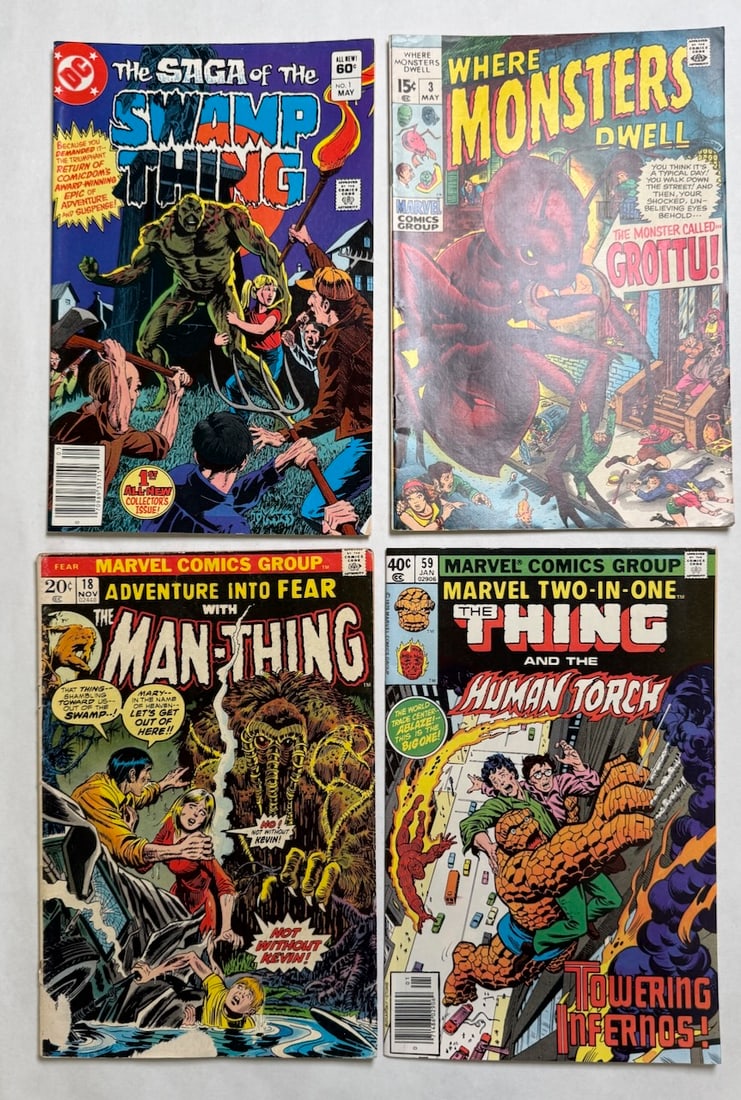 SWAMP THING #1, WHERE MONSTERS DWELL #3: SWAMP THING #1 ($8), WHERE MONSTERS DWELL #3 ($10), THE MAN-THING #18 WITH COVER OFF, MARVEL TWO IN ONE #59 THING AND THE HUMAN TORCH