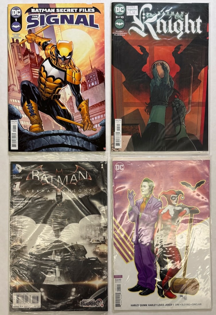BATMAN SET WITH THE SIGNAL #1, ARKHAM NIGHTS #1: BATMAN SET WITH THE SIGNAL #1, ARKHAM NIGHTS #1, HARLEY QUINN LOVES JOKER #1 COVER VARIANT, THE KNIGHT