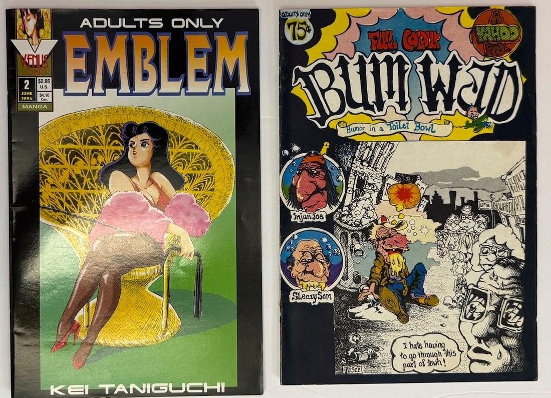 BUM WAD and EMBLEM Underground Adult Comix: BUM WAD#1 - 1ST PRINTING and EMBLEM #2 - 1ST. ADULT Underground Comix