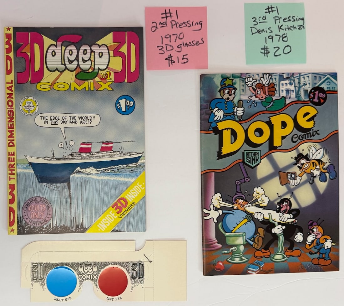DEEP COMIX #1 IN 3D ! And DOPE COMIX #1: DEEP COMIX #1 IN 3D WITH REAL UNUSED 3D GLASSES. 2ND PRINTING 1970. And DOPE COMIX #1 BY DENIS KITCHEN 3RD PRINTING 1978. ADULT Underground Comix