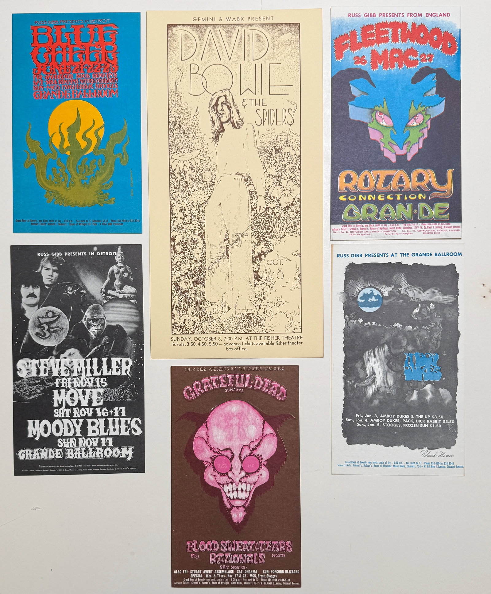 GRANDE BALLROOM CARD COLLECTION - MINT: WITH GRATEFUL DEAD, DAVID BOWIE, BLUE CHEER, FLEETWOOD MAC, STEVE MILLER, AMBOY DUKES. ALL NEAR MINT TO MINT. RARE BOWIE!