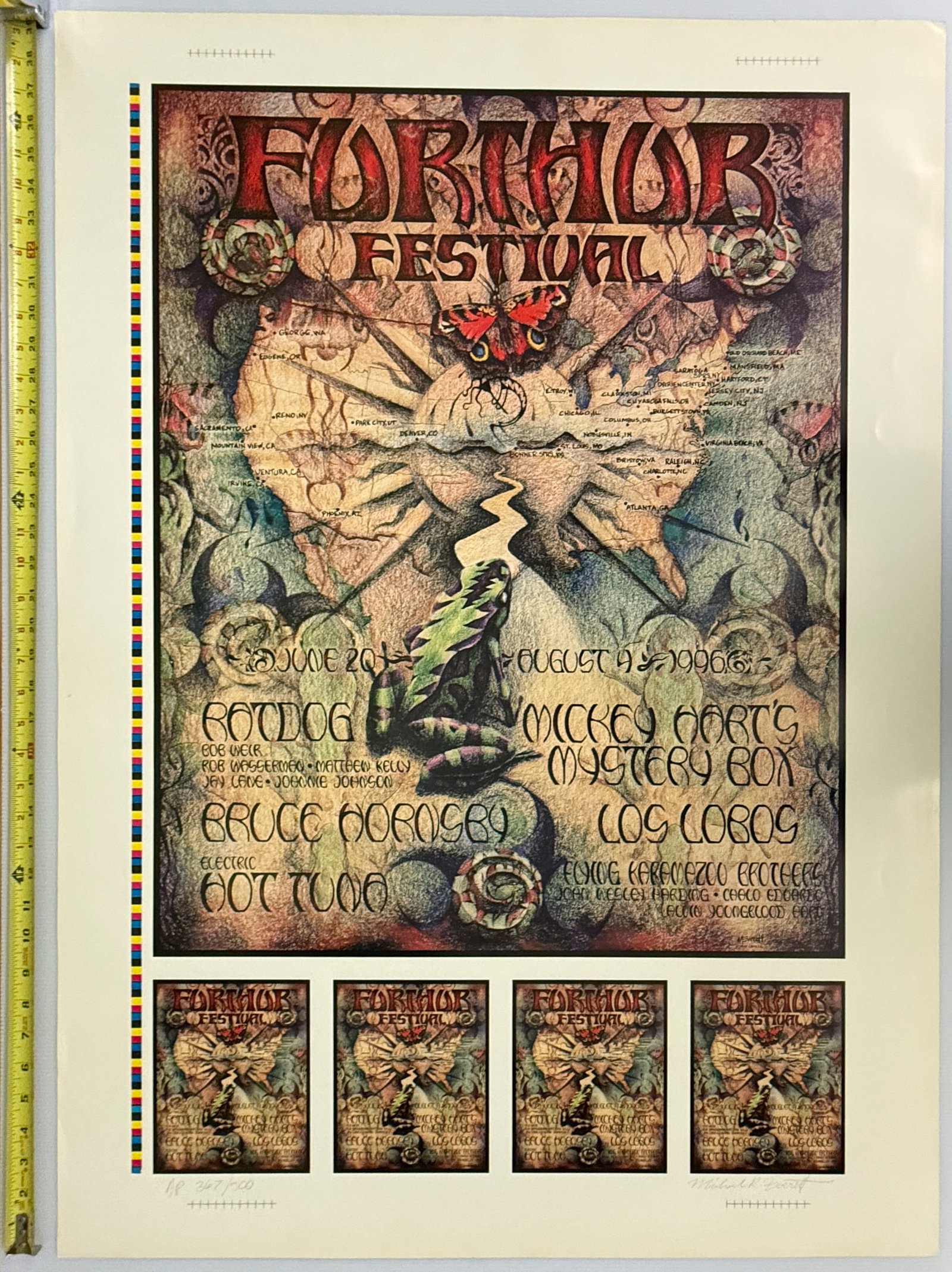FURTHER FESTIVAL ARTIST PROOF - UNCUT SHEET: FURTHER FESTIVAL ARTIST PROOF - UNCUT SHEET. RATDOG - MICKEY HART - LOS LOBOS - HOT TUNA - BRUCE HORNSBY. #367 / 500. 1996 ALPINE VALLEY. Michael Everett ARTIST. RIP (2024). Michael Everett’s art