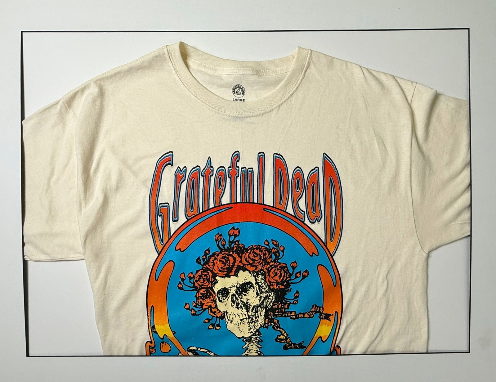 GRATEFUL DEAD LARGE SHORT SLEEVE T-SHIRT: GRATEFUL DEAD LARGE SHORT SLEEVE T-SHIRT. SHIRT HAS SMALL HOLE ON REVERSE NEAR NECK LINE.