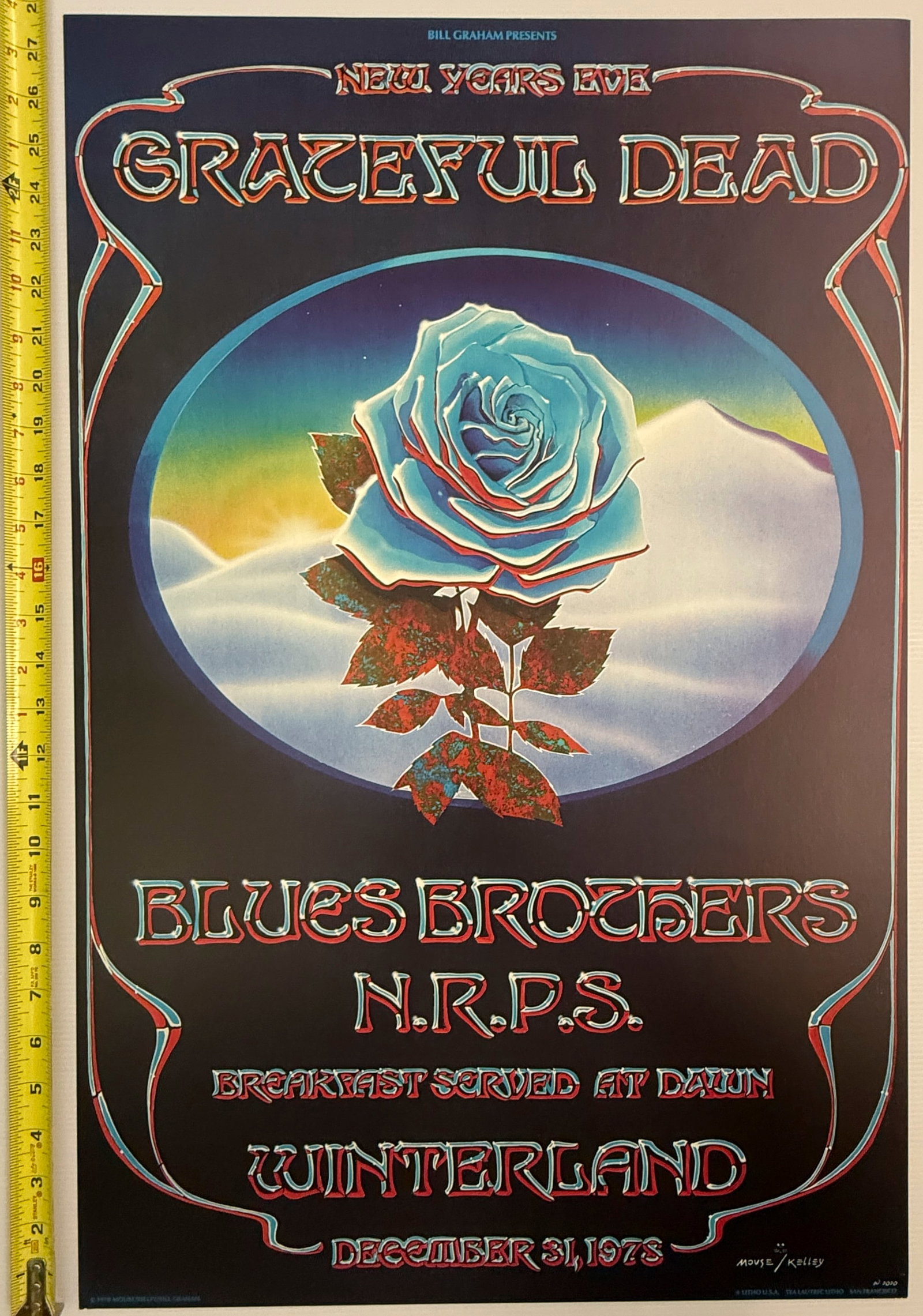 BLUE ROSE - GRATEFUL DEAD 3RD. ONLY 500 PRINTED.: The 3rd printing is on coated matte stock and has "W 2020" in the lower right hand margin. It was printed in 2020 by Wolfgang's in a 500 copy run. This reprint measures 18 1/2" x 28”. Bill