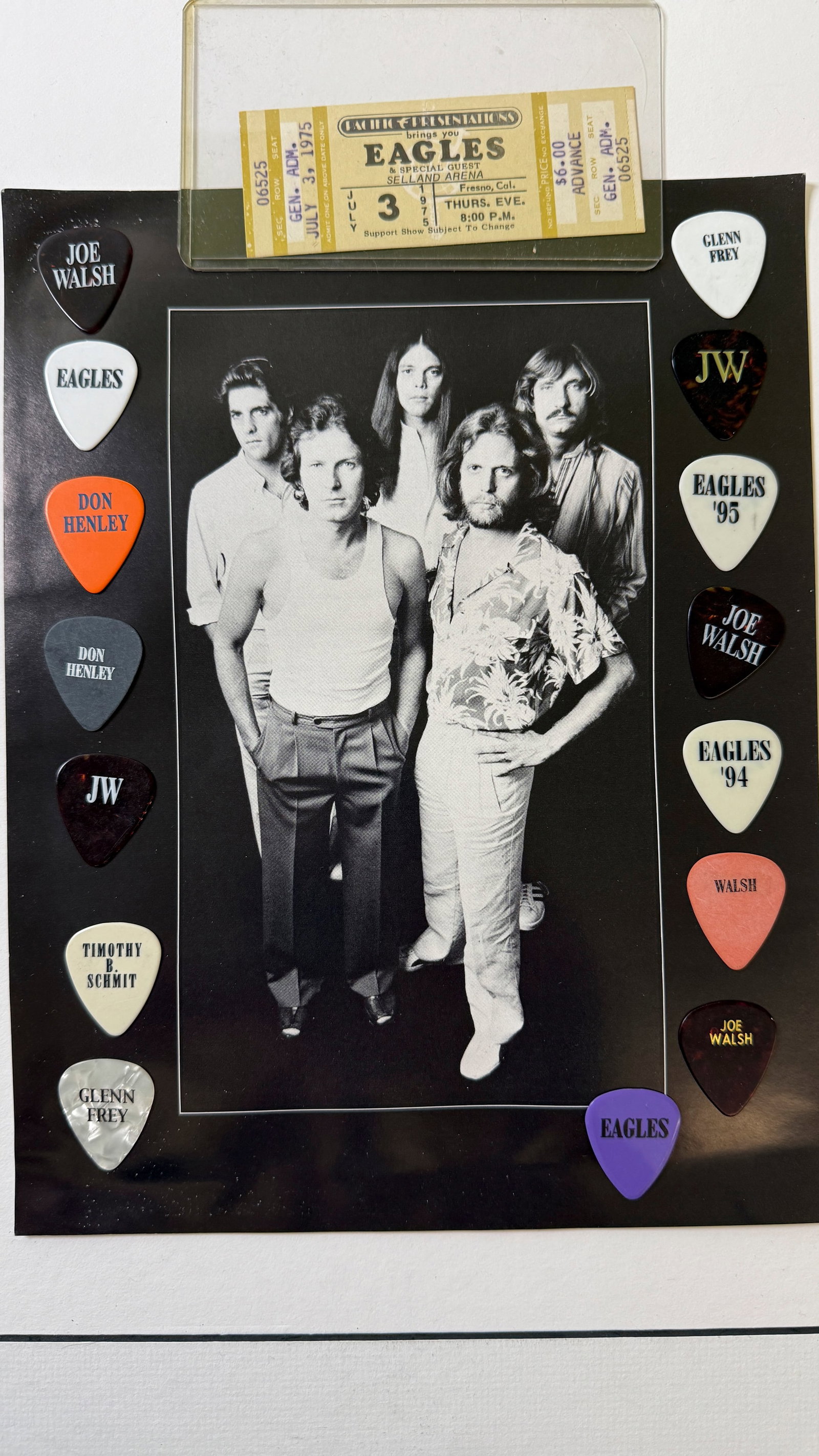 RARE RARE - EAGLES GUITAR PICK COLLECTION AND TICKET STUB: RARE RARE - EAGLES GUITAR PICK COLLECTION AND TICKET STUB. SET #2.
