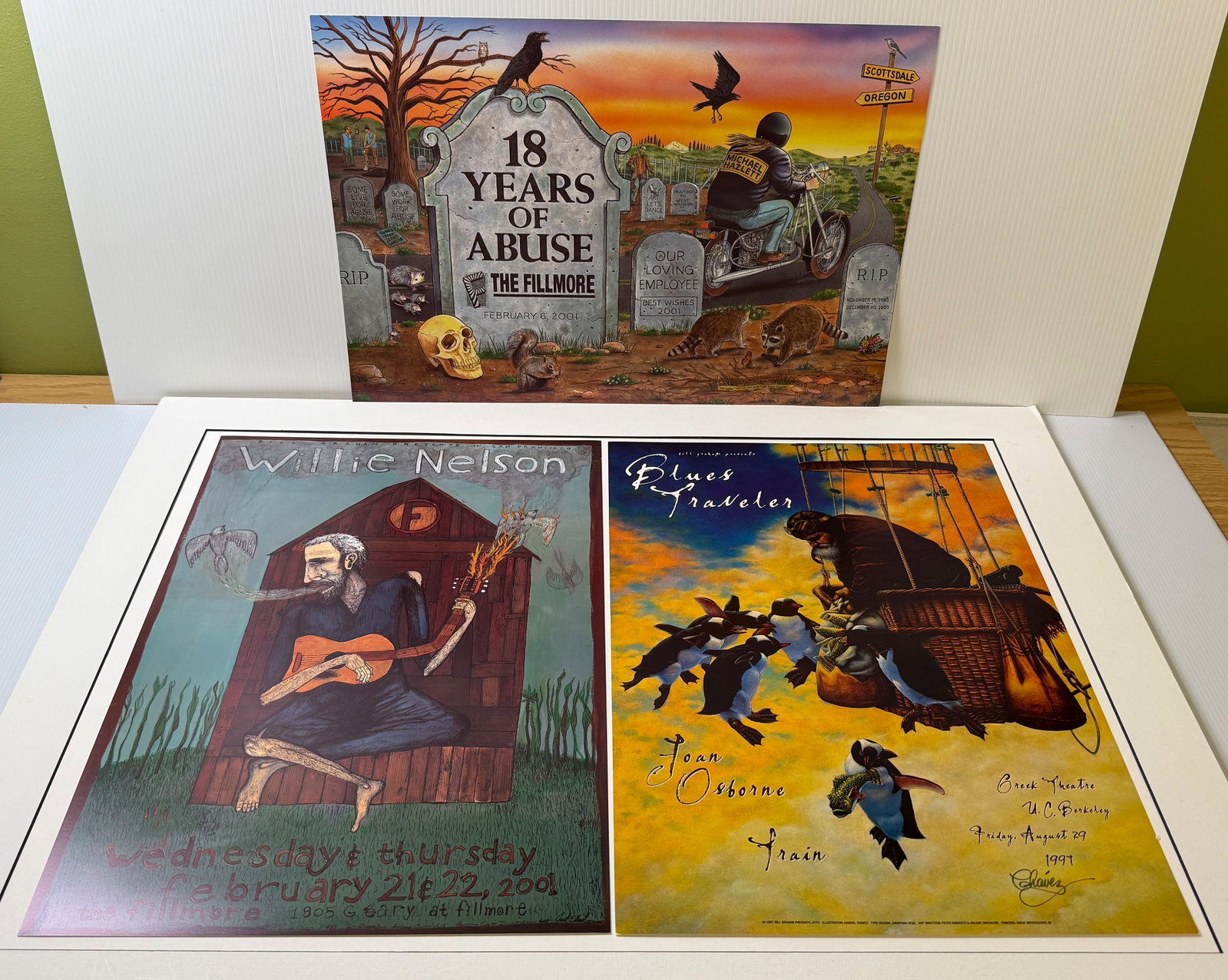 SET OF THREE BILL GRAHAM FILLMORE POSTERS WITH WILLIE NELSON: SET OF THREE BILL GRAHAM FILLMORE POSTERS WITH WILLIE NELSON, MICHAEL HAZLETT RETIREMENT POSTER AND BLUES TRAVELER