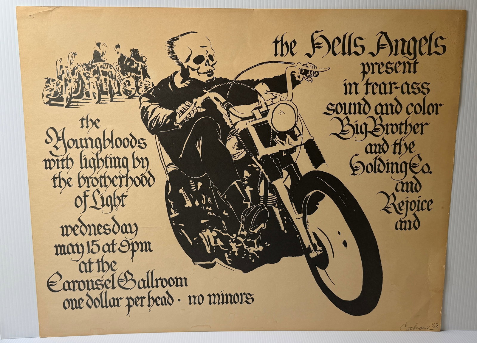 Hells Angels - Janis Joplin - Carousel Ballroom Poster - 1968 - SIGNED: AOR 2.249 - ORIGINAL FIRST PRINTING POSTER (only printing) of a concert held on May 15th at the San Francisco club CAROUSEL BALLROOM, with live appearances by Joplin, The Youngbloods, Big Brother & Th