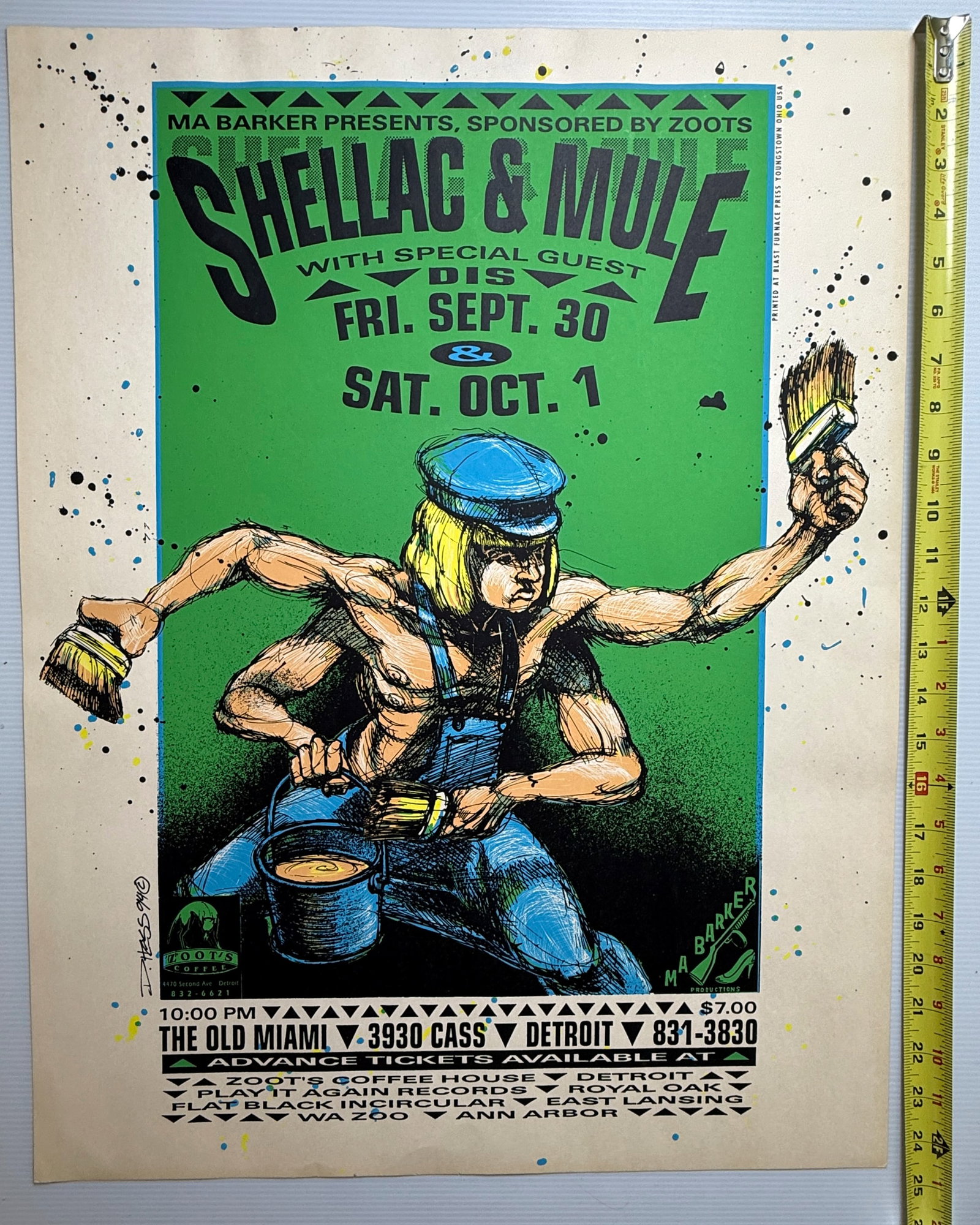 SHELLAC & MULE - ART BY DEREK HESS: SHELLAC & MULE - ART BY DEREK HESS. IN DETROIT. ABOUT 14 X 24. Indie rock band from Chicago, IL, USA, formed in 1992 by vocalist/guitarist Steve Albini and drummer Todd Trainer. Former Naked Raygun