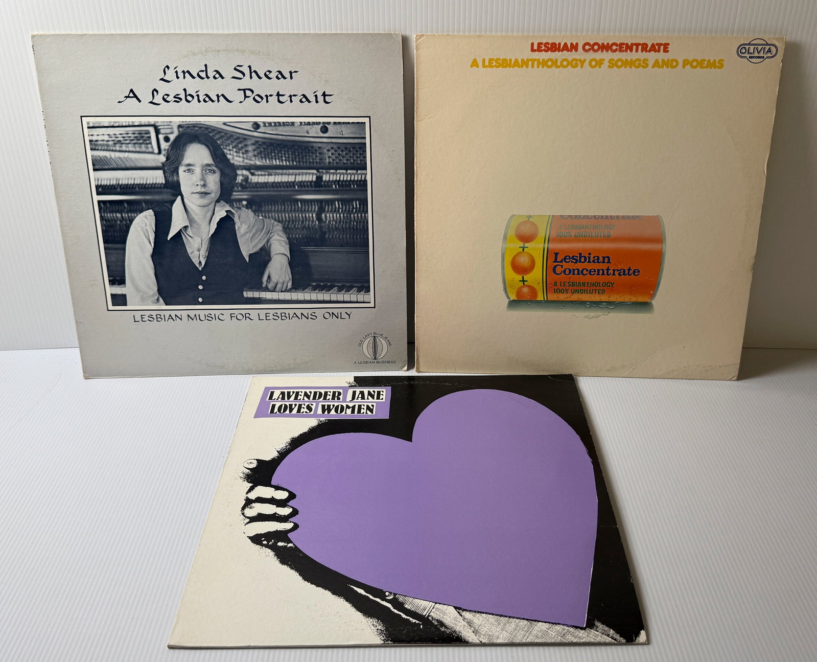 LESBIAN COLLECTION - 3 ALBUMS FOR LESBIANS: LESBIAN COLLECTION - 3 ALBUMS FOR LESBIANS. 1 - LINDA SHEAR - A LESBIAN PORTRAIT (VG $12-45). 2 -LESBIAN CONCENTRATE - A LESIANTHOLOGY OF SONGS AND POEMS (NEAR MINT WITH INSERT $12-45). 3 - LAVENDER